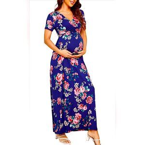 Navy Blue Floral Wrap Front Short Sleeve Maternity Maxi Dress Size Small